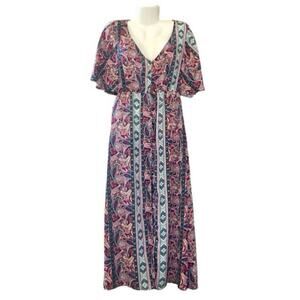 Windsor Women's Boho-Inspired V-Neck Button Front Flutter Sleeve Maxi Dress SZ L
